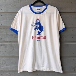 American Needle Hamm's Bear Beer Short Sleeve Ringer Tee Size Large Cream Blue